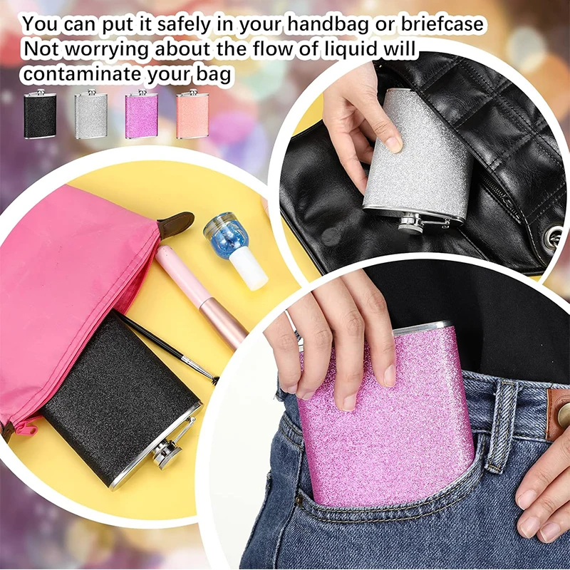 قارورة الورك اللامعة اللامعة سعة 8 أونصة قارورة الورك من الفولاذ المقاوم للصدأ مع غطاء لا يفقد أبدًا وقمع قوارير الكحول الخمور المقاومة للتسرب للويسكي