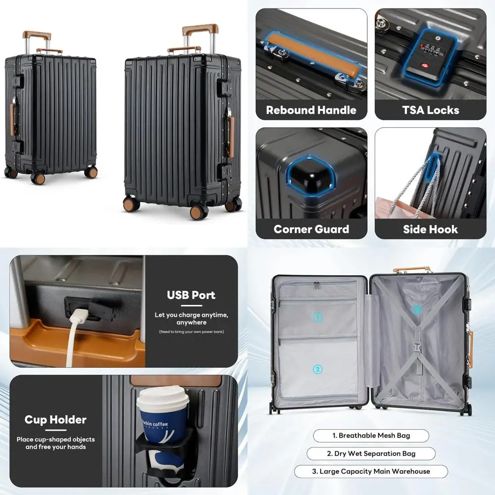 حقيبة حمل خفيفة الوزن مقاس 20 بوصة مع أقفال معتمدة من TSA وحامل أكواب ومنفذ USB لراحة السفر