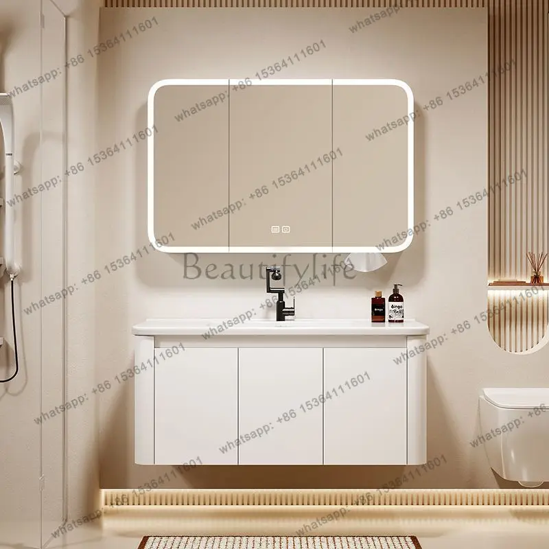 LDSpace Aluminum Rounded Corner Bathroom Cabinet Ceramic Integrated Basin Wash Cabinet Combined Wall Mounted Bathroom Vanity