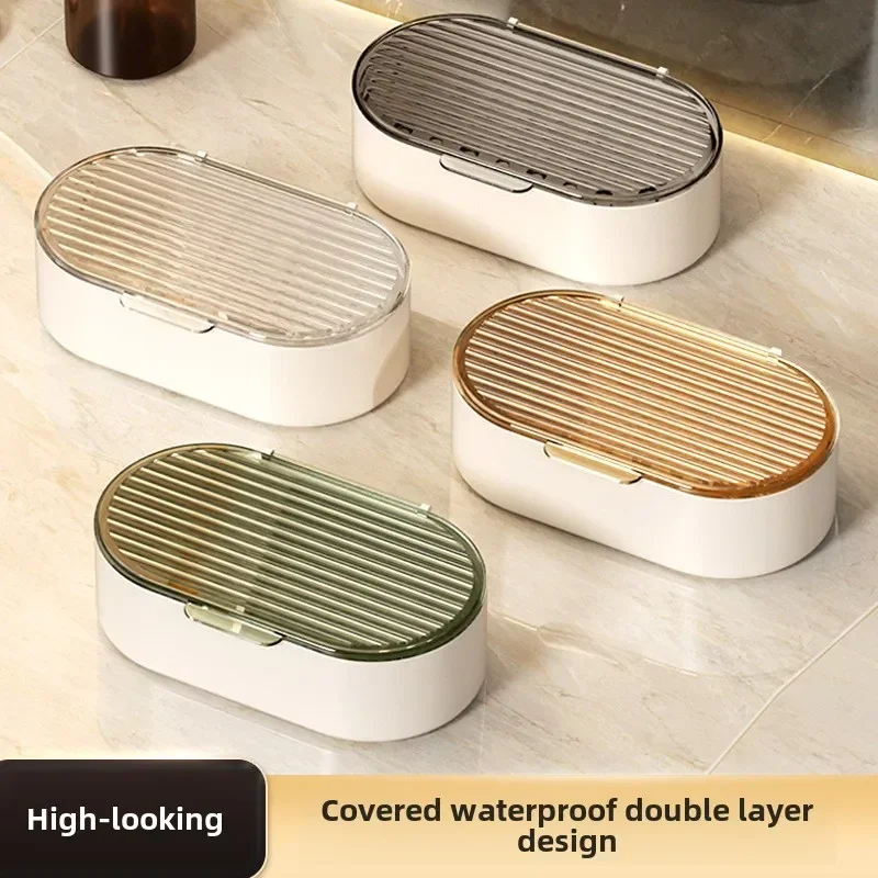 2025 New 1pcs Bathroom Shelf Soap Box Light Luxury Soap Rack with Lid Double Drain Box Household Soap Box Toilet Countertop