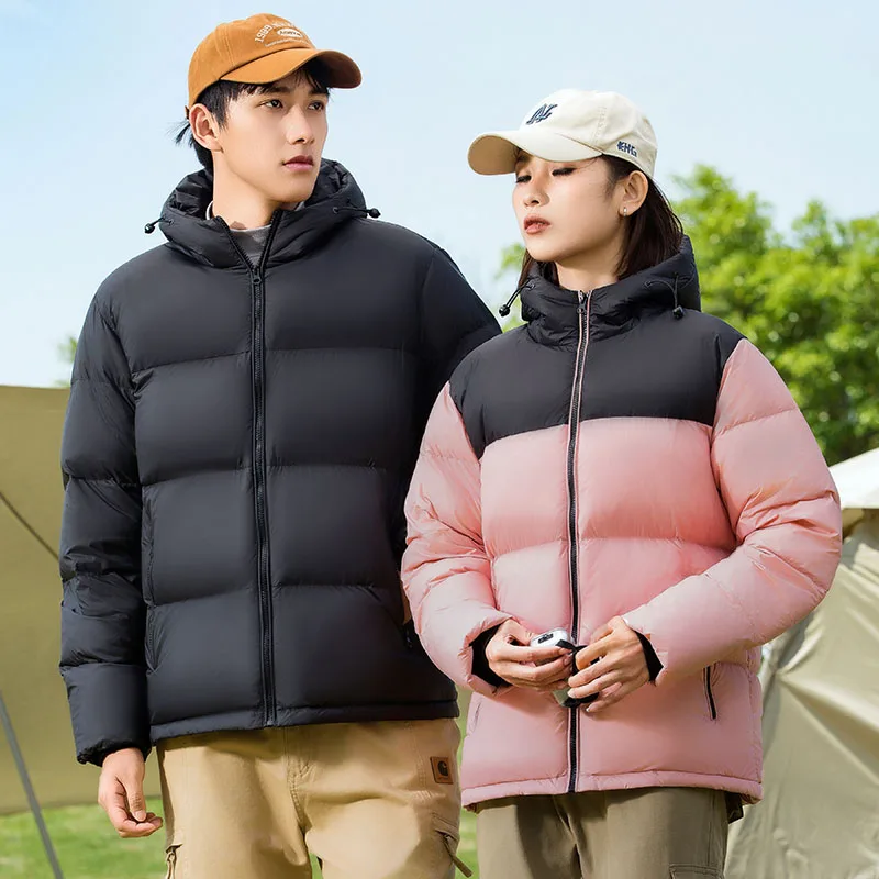 Couple\'s White Duck down Jacket Men\'s and Women\'s Same Style Short Winter Fleece-lined Thickening Stand Coat Men\'s Warm