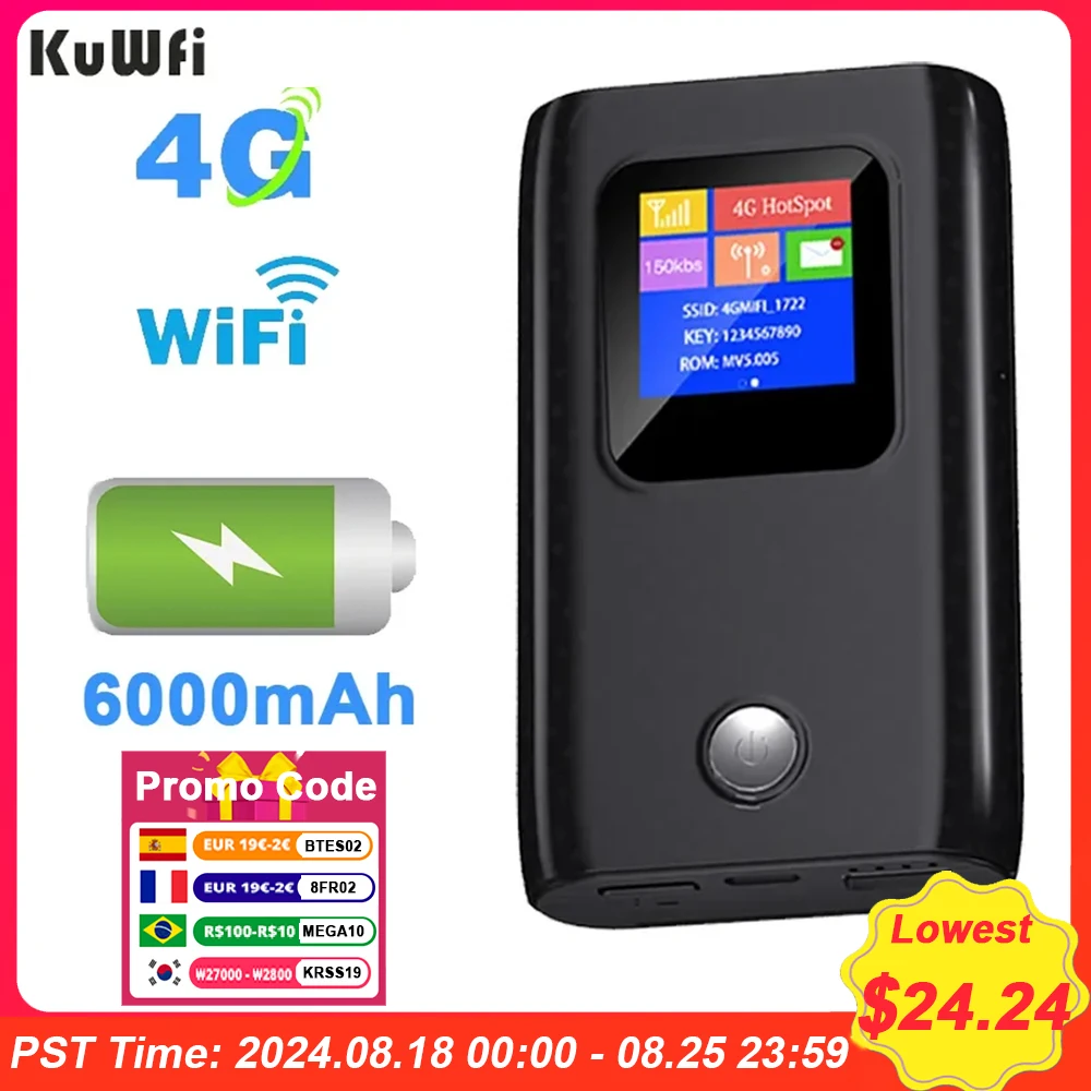 KuWFi 4G Mobile Router 150Mbps Portable Lte Router Mini Modem 6000mAh Large Capacity Hotspot with SIM Card Slot Travel Router
