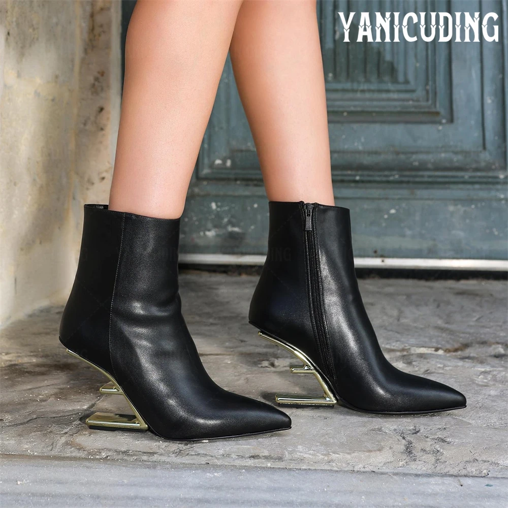 

Pointed Toe Shaped Heel Boots Black Leather Booties Designer Style Classic Boots Luxurious Concise Winter Shoes Fashion Boots