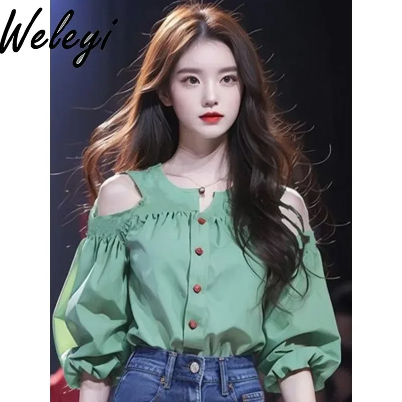 

Japanese Fashion Green Off The Shoulder Shirt Women 2024 Summer New Cute and Versatile Popular This Year Loose Beautiful Blouse