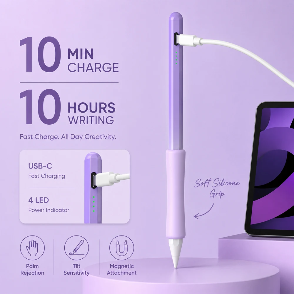 10Min Fast Charge Stylus Pen for iPad 10H Writing Pencil Silicone Grip Palm Rejection Tilt Magnetic LED for Students Drawing Art