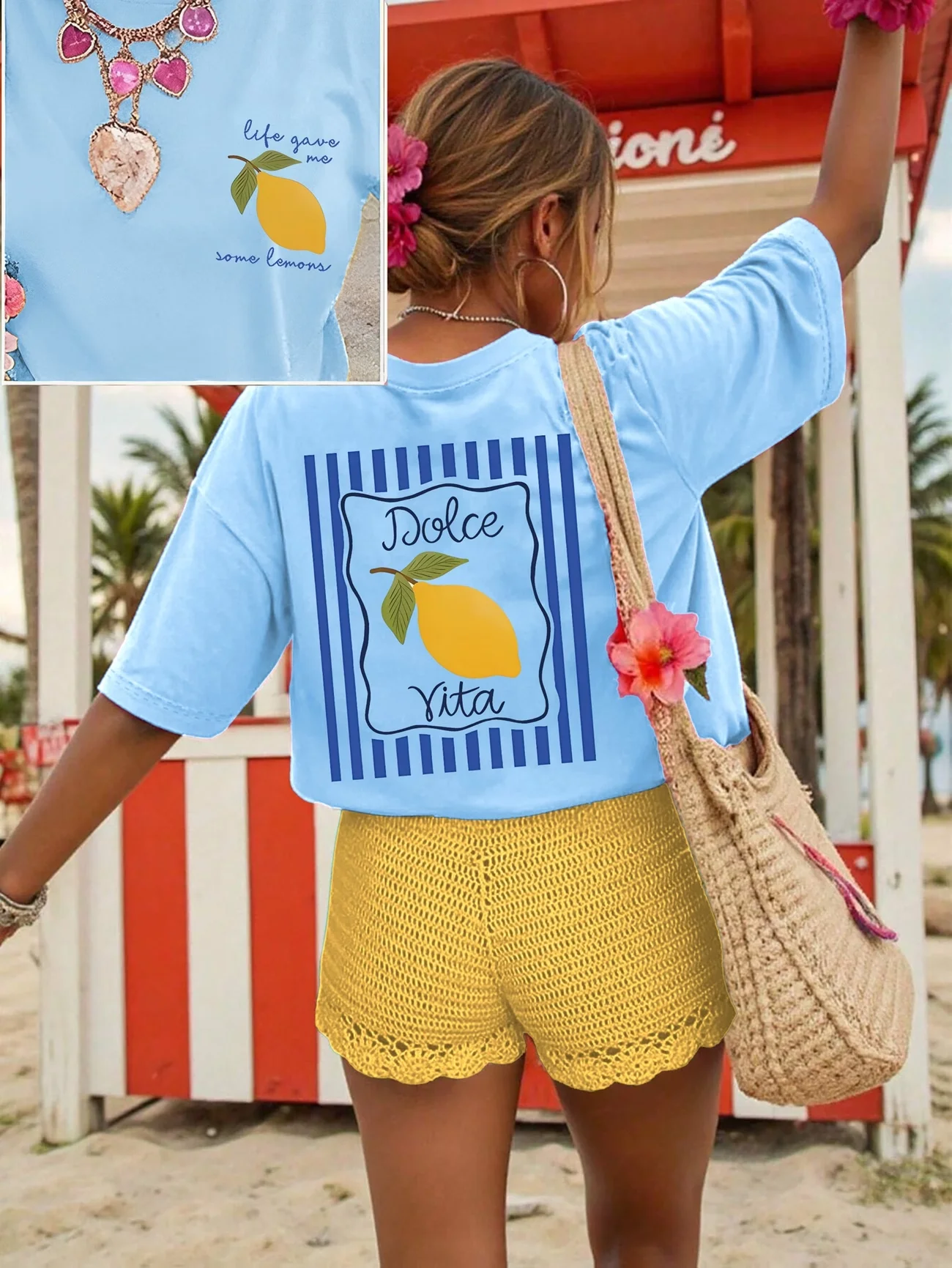 T-shirt pour femme Dolce Vita à imprimé citron, 100% coton, décontracté pour les vacances d'été, à manches courtes, à porter au quotidien, style rétro, minimaliste
