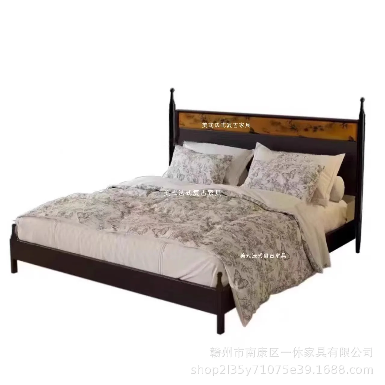 

French retro 1.8 meters bed antique ash wood creative designer model master bedroom bed and breakfast black soft bag big bed