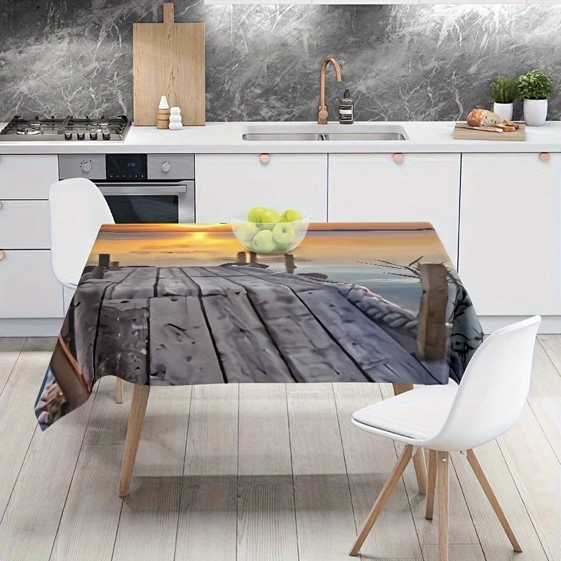 Retro-style polyester tablecloth with sunset and wooden bridge designs