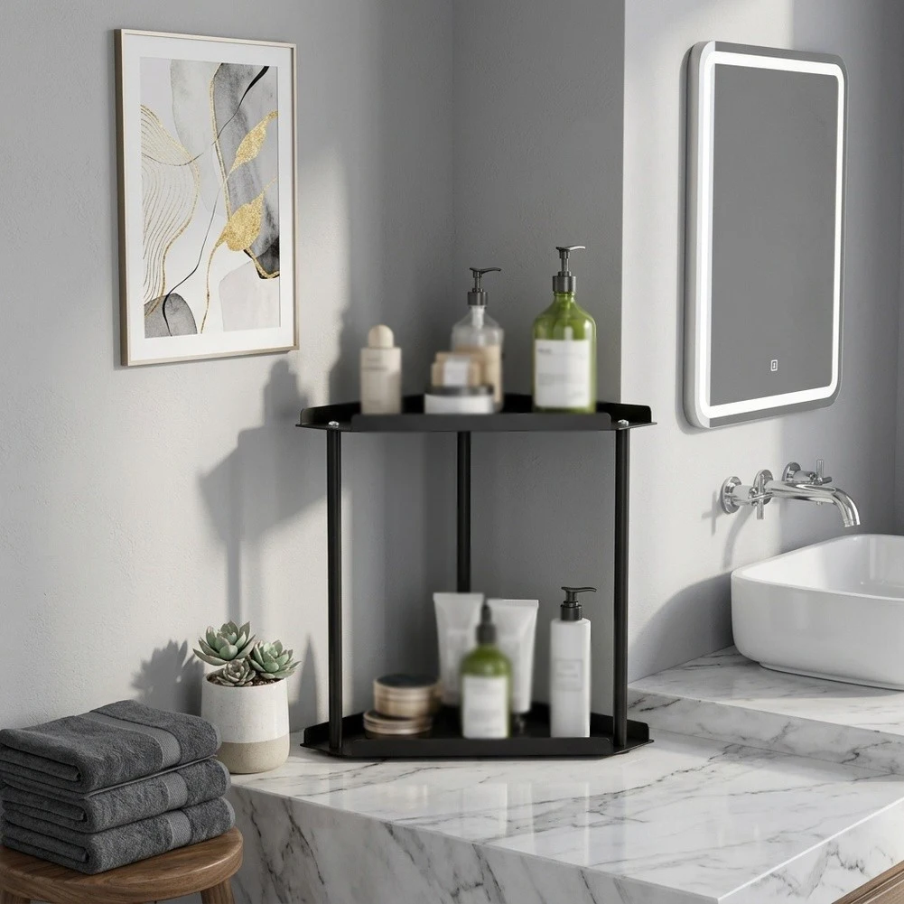 Carbon Steel Black 2 Tier Bathroom Organizer for Counter and Corner Use with Protective Guardrails and Floor Grip Feet