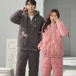 Couple Pajamas Set Men Women Hooded Pyjamas Male Female 3 Layer Clip Cotton Home Suit