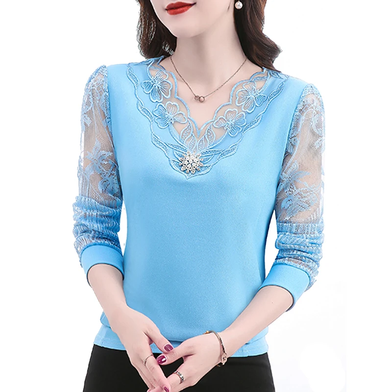 

Fashion Lace Shirt Patchwork Chiffon Blouse Long Sleeve V Neck Casual Hollow Out Tops M-5XL 2023 New Spring Women Clothing