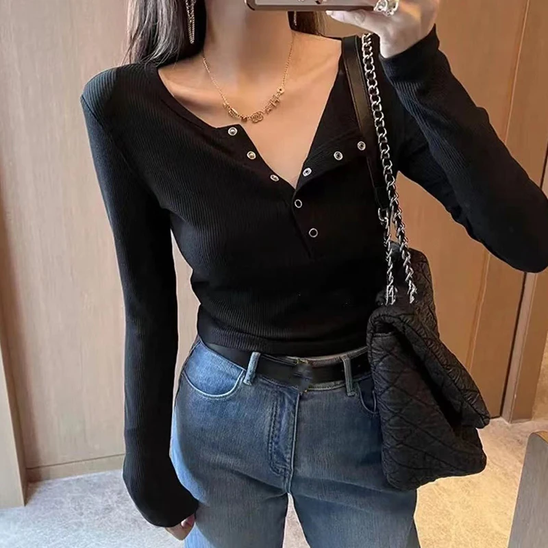 Biyaby Sexy Slim Fit Thin Knitted Blouse Women Y2K Streetwear Button Up V-Neck Shirts Summer Vintage Long Sleeve T-Shirt Female