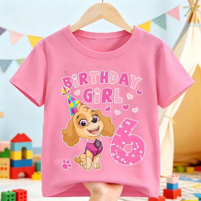 Paw Patrol Skye T-shirt Children Birthday Figure Tee Top Girls Pink Clothes Cartoon Anime Short Sleeve Kids Loose Clothing Gift