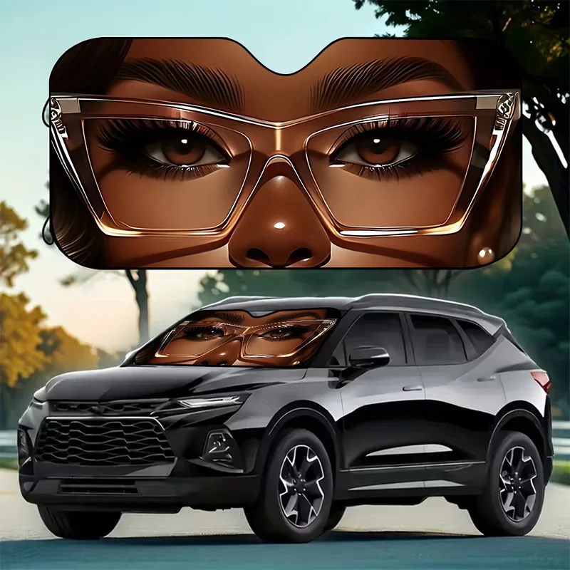 1Pcs Funny Black Woman Face With Glasses Car Windshield Sun Shade, Vibrant Design, Fit Car Accessories