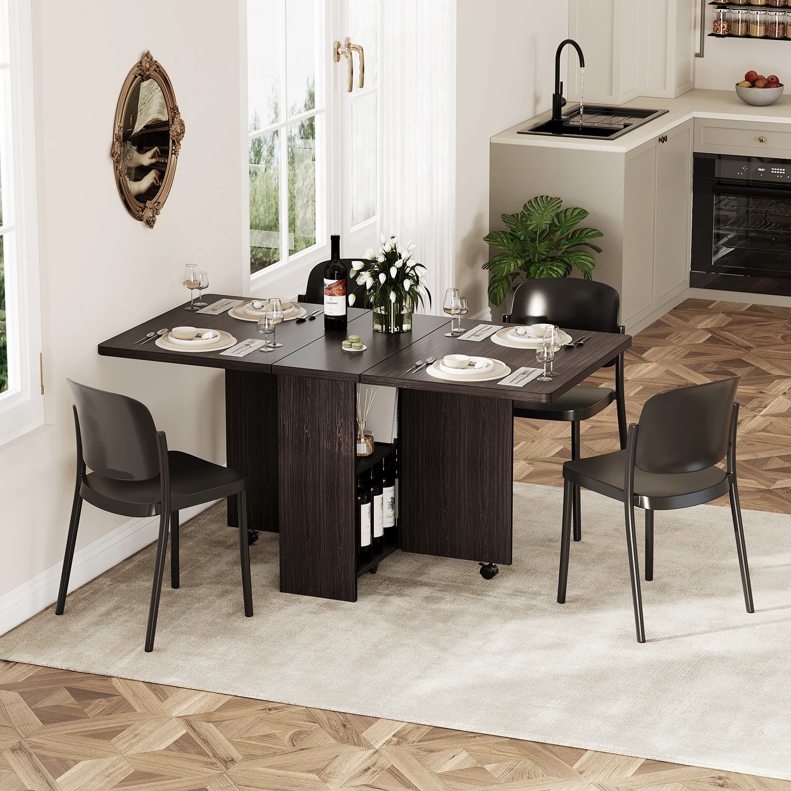 Tavolo pieghevole, tavolo con piano a scomparsa e 6 ruote, dotato di ripiano a due livelli, ideale come tavolo da pranzo salvaspazio per ambienti piccoli.