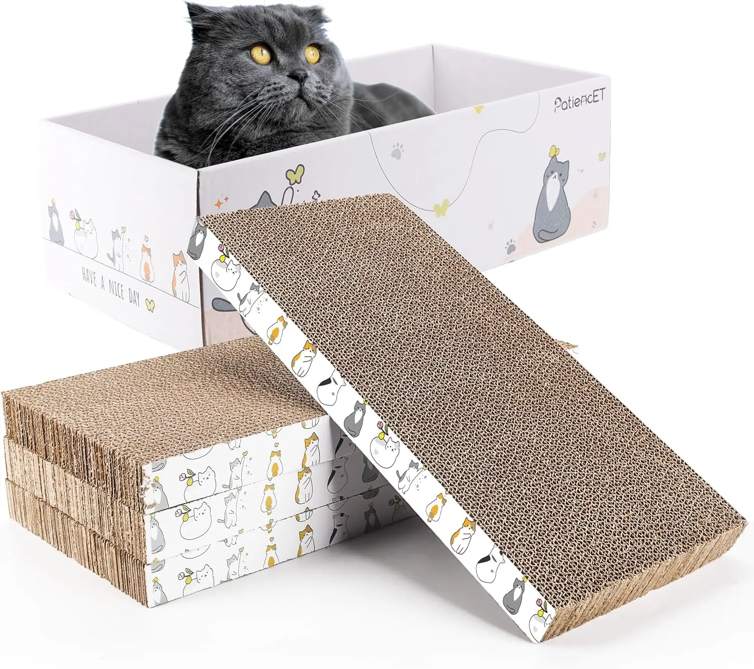 4-Pack Cat Scratch Pad with Box, Reversible Cardboard Scratcher for Indoor Cats, Includes Catnip and Bed Design