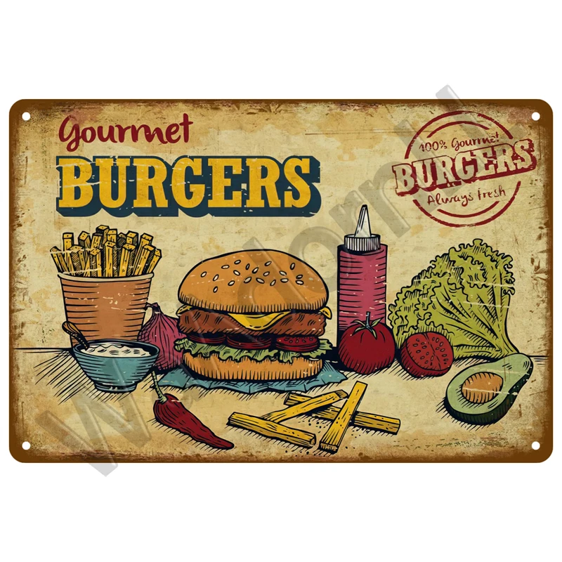 Vintage Aluminium Gourmet Burger Fries Tin Sign, Beige Retro Food Sketch Wall Decor for Diner & Kitchen Home