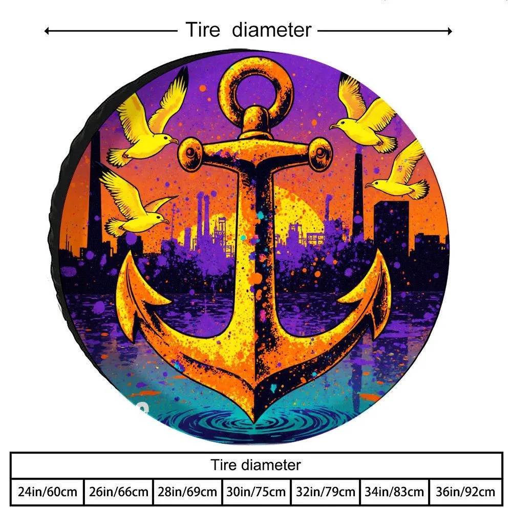 

Golden Anchor Industrial City Seagull Tire Cover Artistic Spare Wheel Protector Durable Polyester