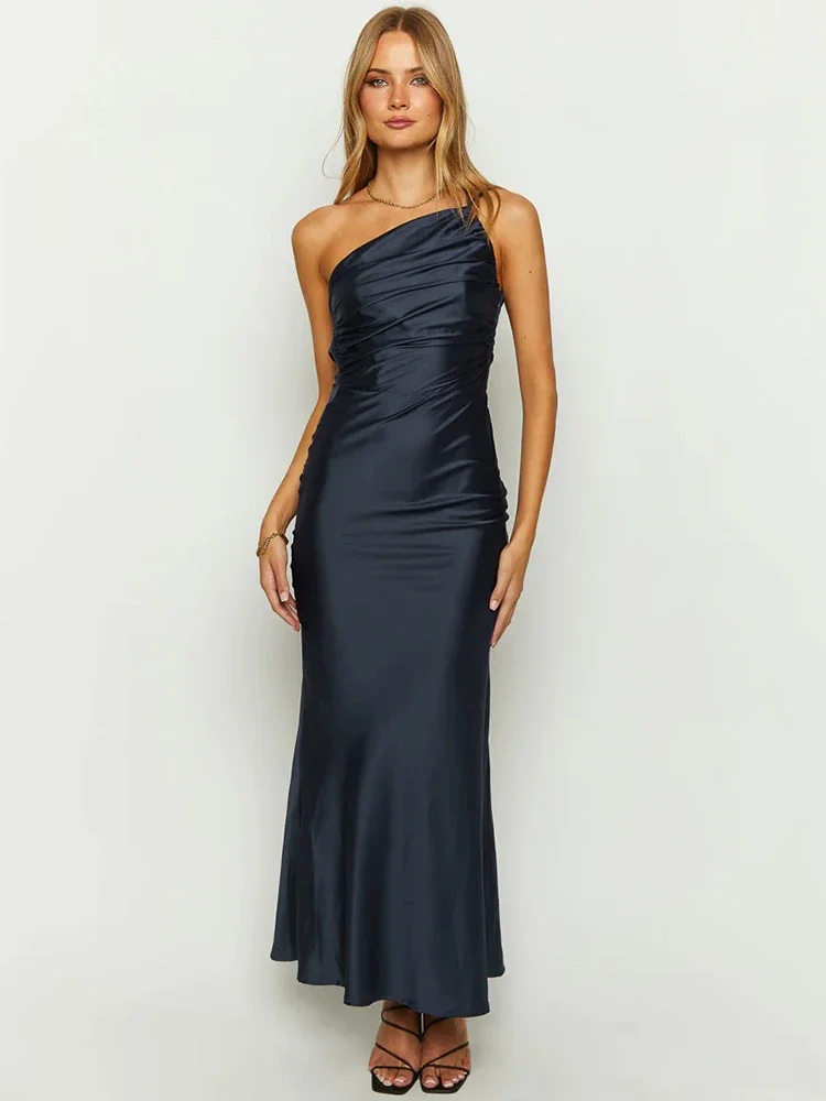 Robe Maxi en Satin pour Femme, Col Diagonal, Dos aux, Longue, Sexy, Nouvelle Collection Été