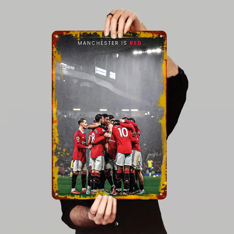 Manchester United Team Goal Celebration Arte de pared de metal Decoración para fanáticos del fútbol Recuerdo coleccionable