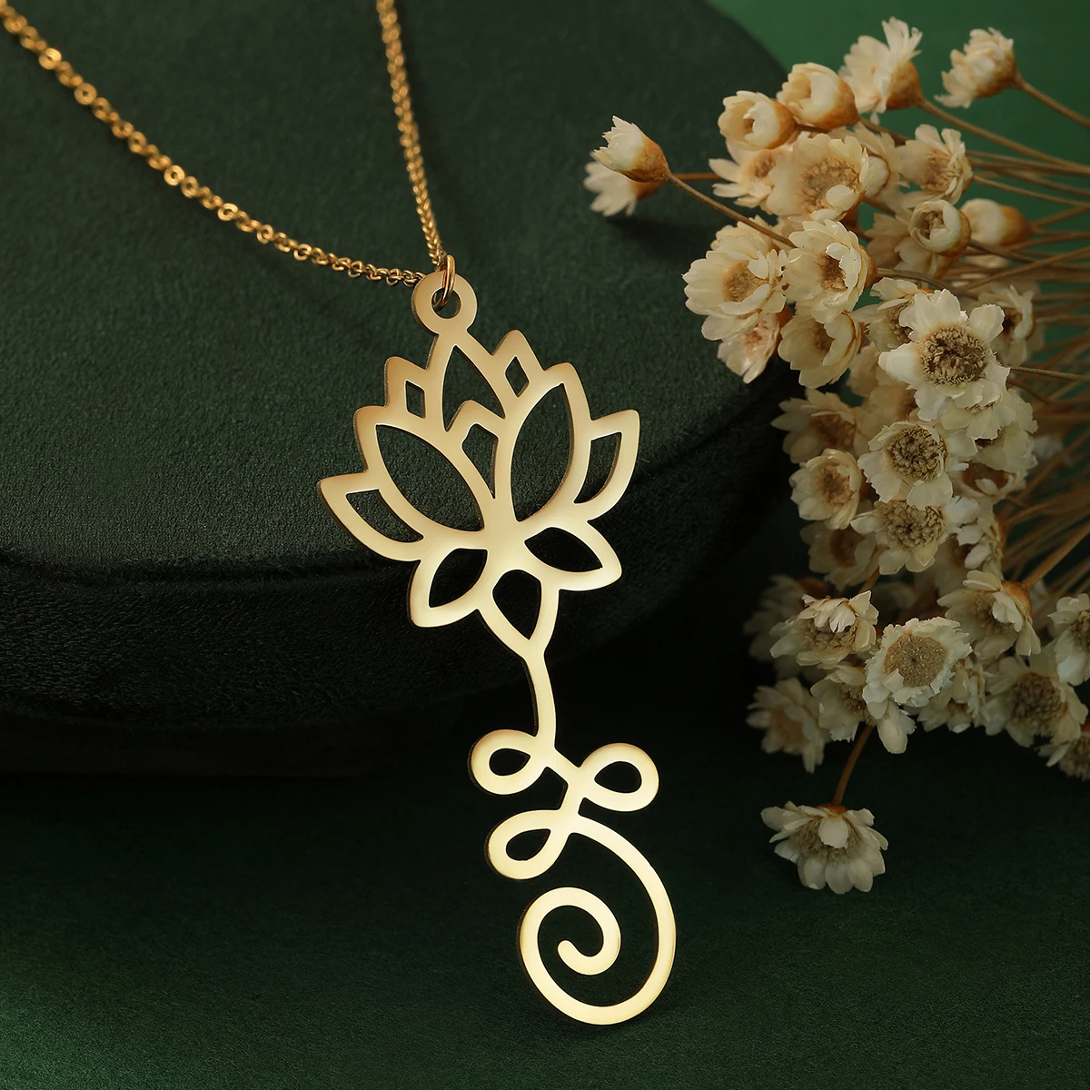 Chandler Stainless Steel Lotus Flower Pendant Lotus Unalome Necklace Yoga Buddhist Symbolic Necklace Spiritual Necklace Jewelry