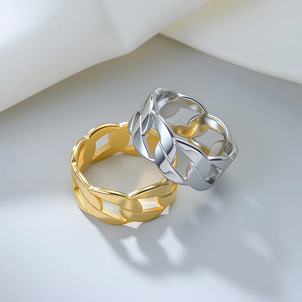Offener Kettenglieder-Ring für Herren, goldfarben, aus poliertem Edelstahl, Schmuck mit ineinandergreifendem Muster, auffälliger, urbaner Stil. – Detail 2