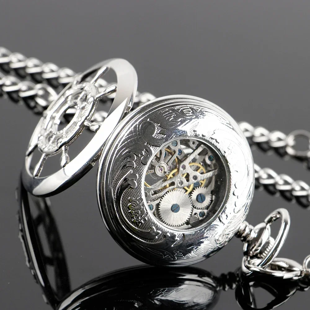 Luxury Retro Silver Skeleton เรือ Rudder Mechanical นาฬิกาพ็อกเก็ตนาฬิกา Half Hunter จี้โบราณ Hand Winding นาฬิกาพ็อกเก็ต