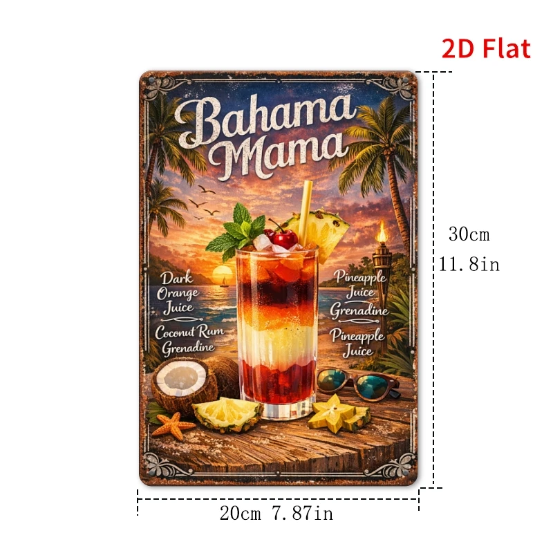 2D Flat, [2Dflat]1pcs 30x20cm- Vintage Bahama Mama Cocktail Tin Sign, Retro Bar Wall Decor, Tropical Drink Gift, 2D Flat