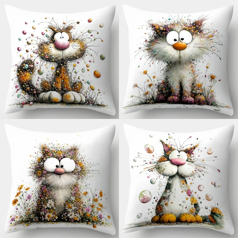 

4 шт. наволочки с цифровой печатью с рисунком кошек и цветов, односторонняя печать, короткий плюш, подходят для гостиных, спален, диванов.