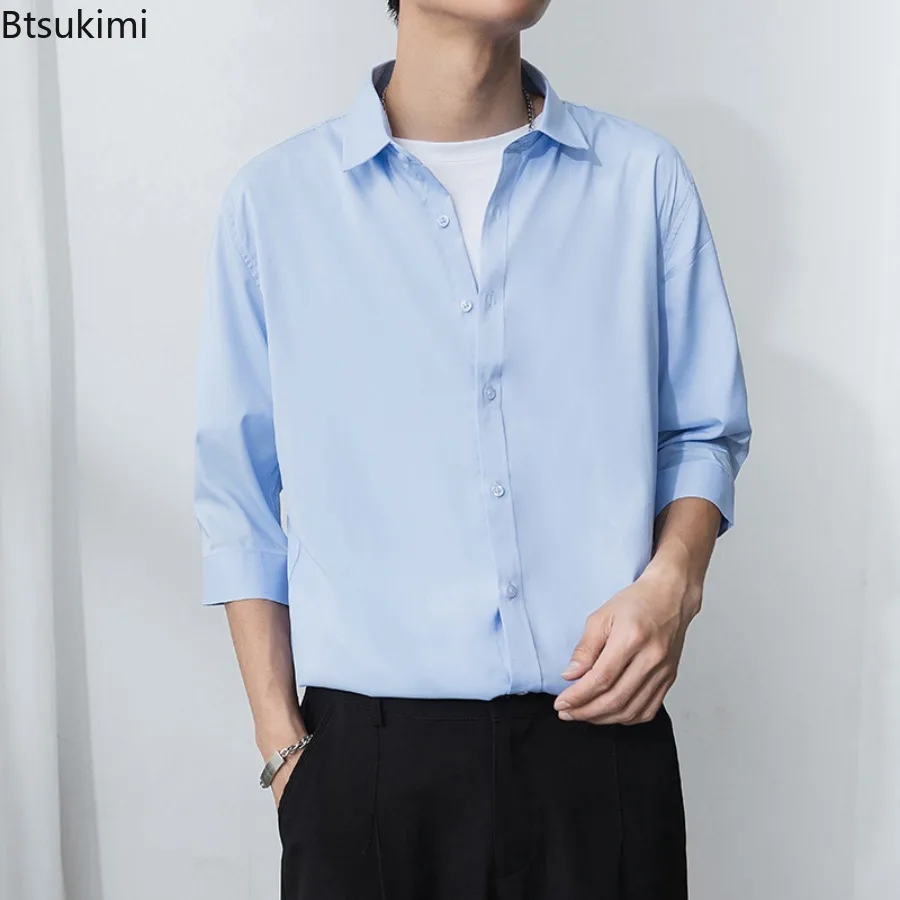 2025 Men's High-end Ice Silk Seven Quarter Sleeved Shirts Summer Loose Solid Color Shirt Casual Fashionable Business Shirt Coat