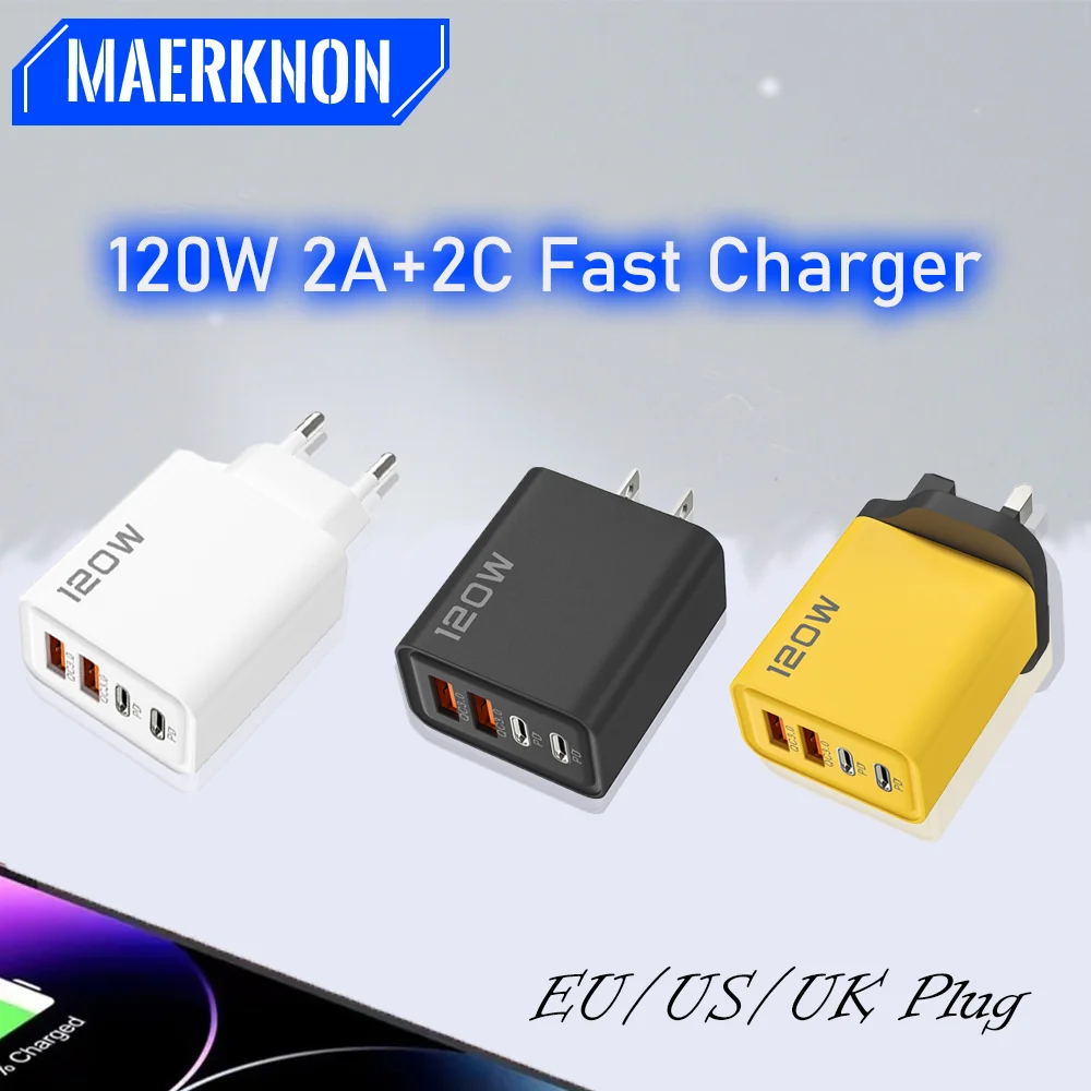120W USB C Charger 4 Ports Fast Charging Wall Charger EU/US/UK Plug For iPhone Samsung Galaxy Xiaomi 15 Mobile Phone Accessories