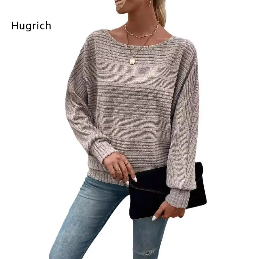 Women Gray Striped Knit Pullover Wide Neck Batwing Long Sleeve Oversized Casual Sweater view 4