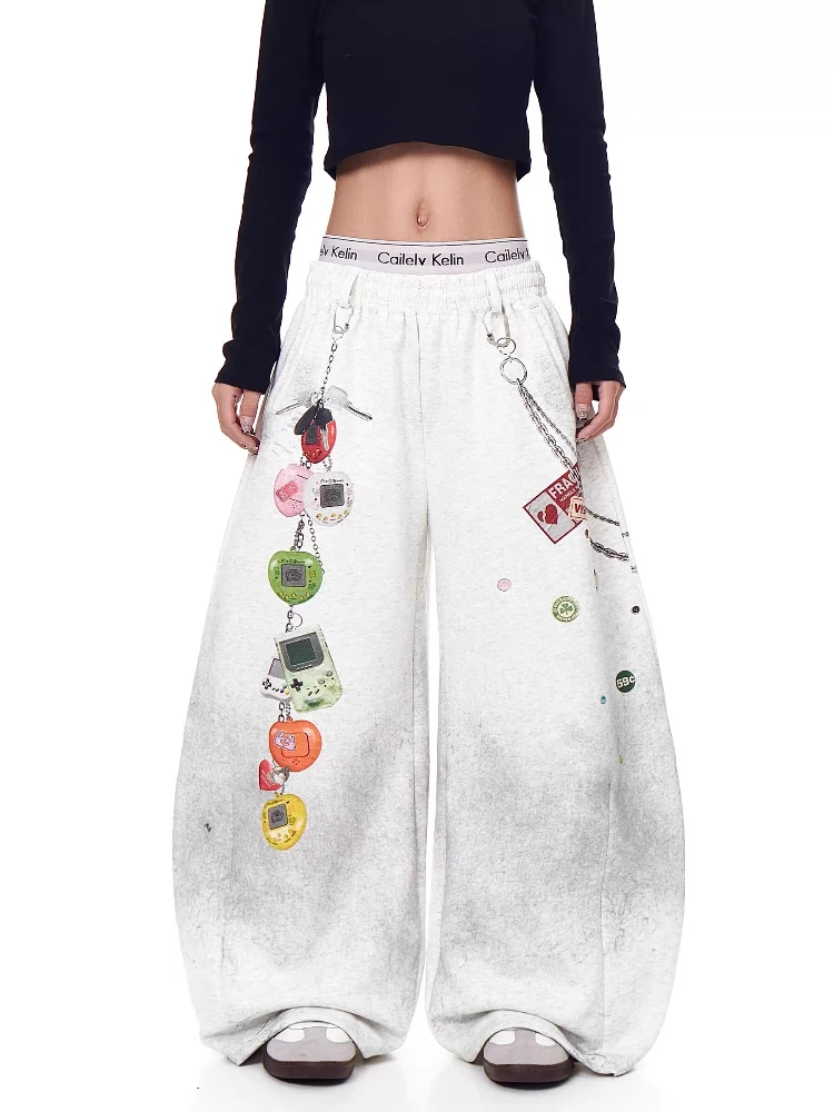 Women's Y2K Retro Game Console Print Baggy Pants - Edgy Wide Leg Streetwear Trousers with Unique Graphic Design Streetwear Japan