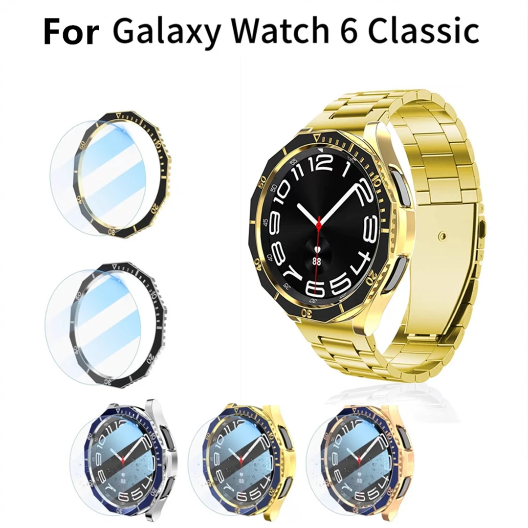 

Kit for Samsung Galaxy Watch 6 Classic 47mm 43mm Glossy Frame Bumper + Dial Plastic Mod Bezel Ring + Glass Screen Protector