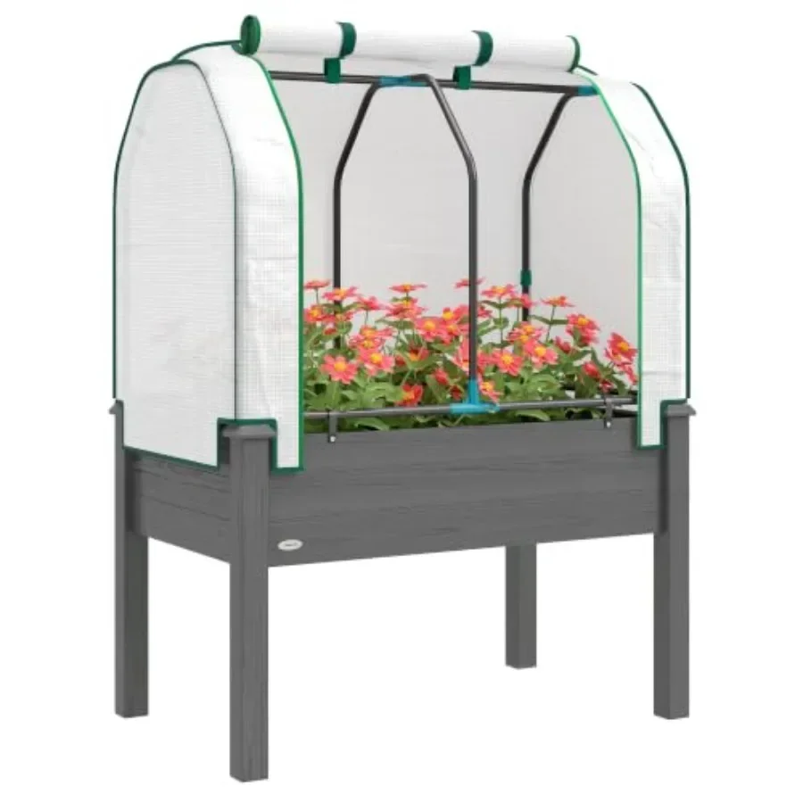Raised Garden Bed with PE Greenhouse Cover for Outdoor Gardening, Dark Gray Metal Frame, Weather-Resistant, Easy Assembly