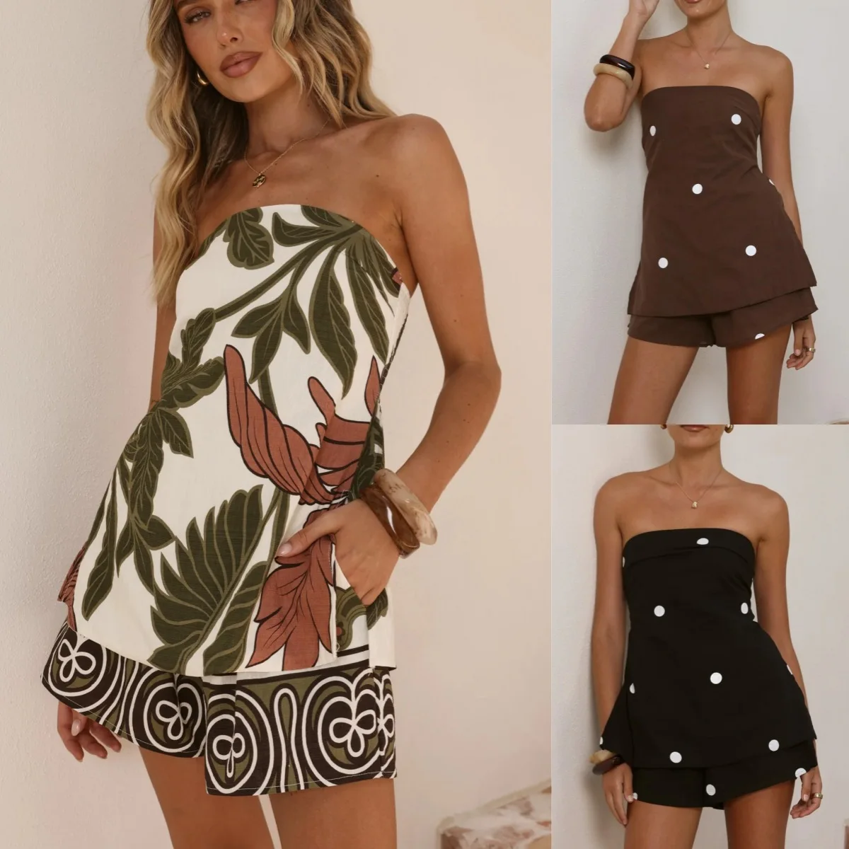 2026 summer new casual suit, polka dot printing sexy chest-wrapped shorts suit