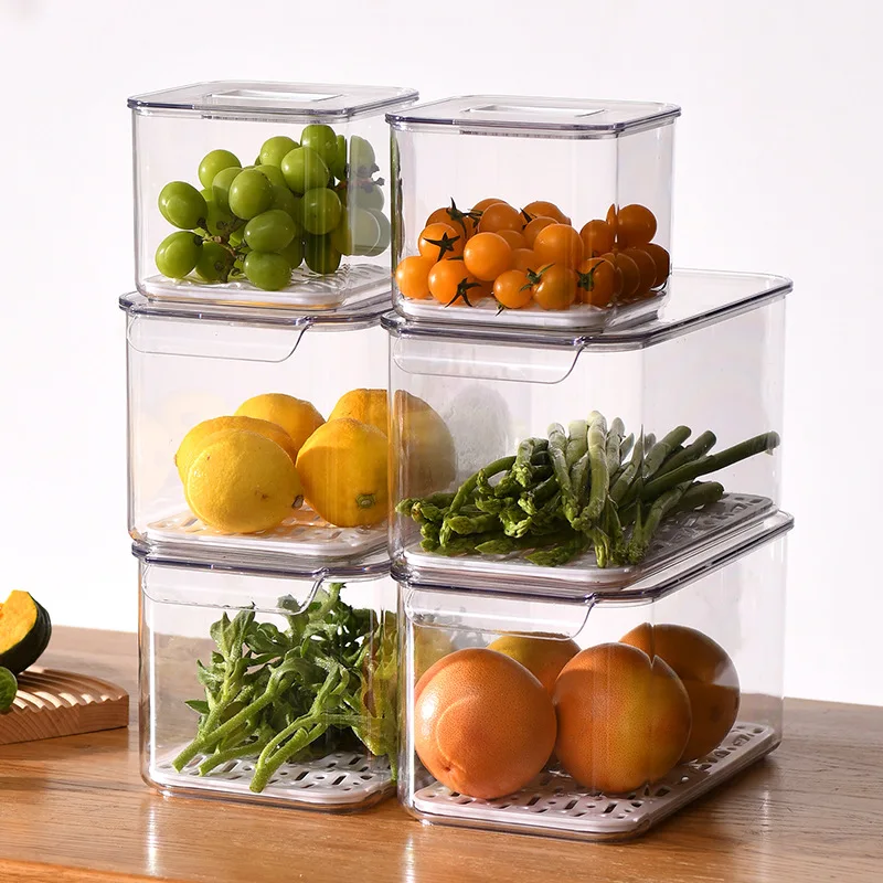 

PET Material Refrigerator Storage Box Vegetables Fruits Drain Fresh Box Coarse Grain Food And Drinks Transparent Storage Box