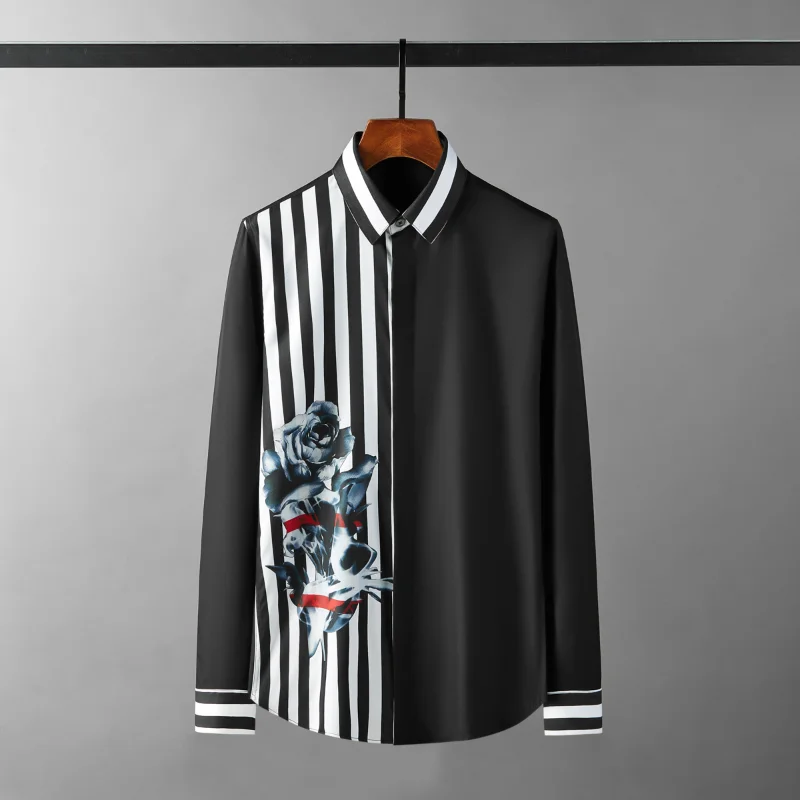 Minglu Flowers Stripe Printed Male Shirts Luxury Long Sleeve Streetwear Mens Dress Shirts Slim Fit Party Tuxedo Man Shirts 4XL