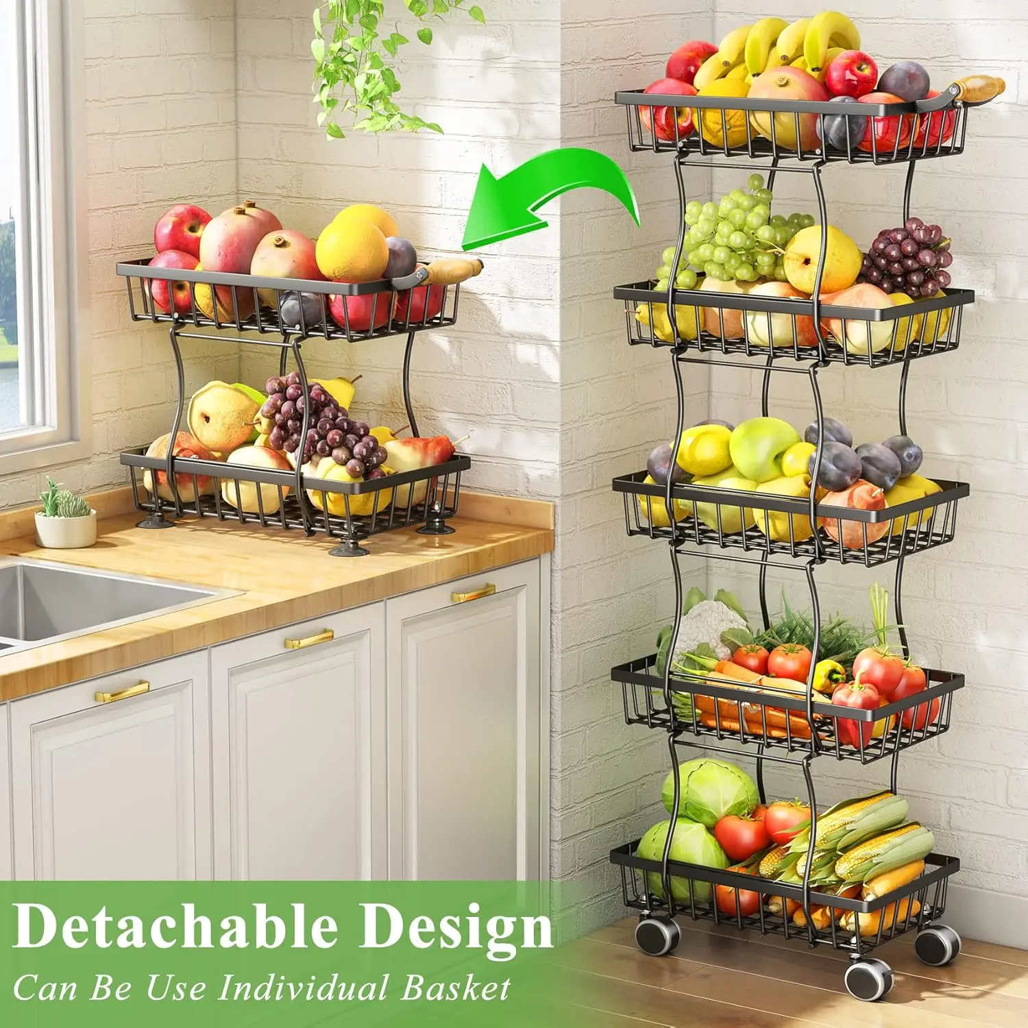 5 Tier Fruit Basket for Kitchen, Stackable Fruit and Vegetable Wire Basket with Wheels for Banana Onions and Potatoes Storage