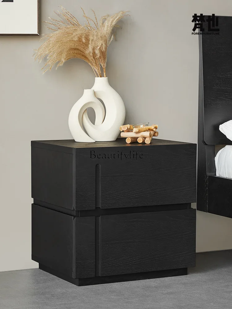 

Italian Minimalist Black Bedside Table Ash Solid Wood Drawer Locker