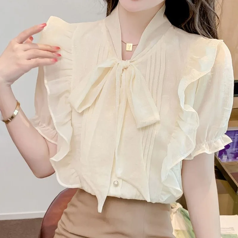 Sweet Ruffles Thin Shirt Tops Bow Short Sleeve Chiffon Pleated Youth All-match Blouse Summer Fashion Temperament Women Clothing