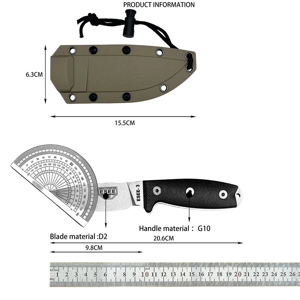 ESEE‑3 Fixed Blade Knife, D2 Steel Blade G10 Handle Multi‑Purpose Outdoor Knife with Sheath for Hiking Camping Hunting Survival - view 6
