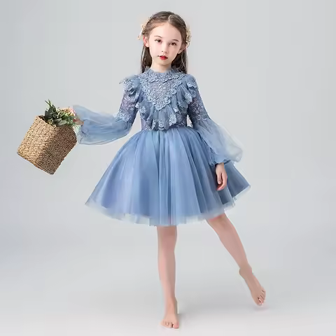 Girls' Fashionable Long Sleeve Performance Costume Tulle Tutu Children Birthday Princess Dress Little Girl Host Evening Dress Sp