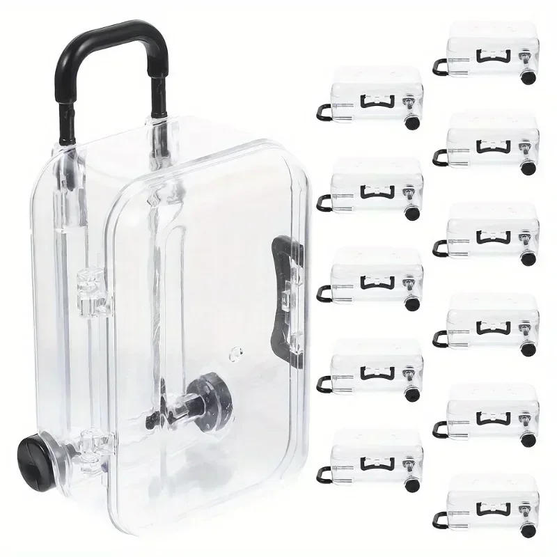 12pcs Mini Transparent Plastic Suitcase Storage Boxes with Retractable Wheels Jewelry Snack Organizer