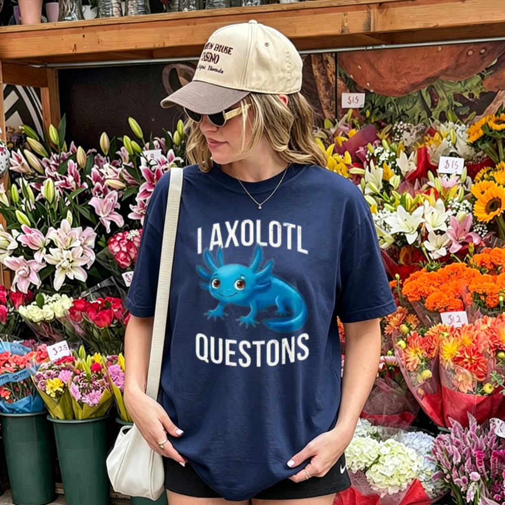Simple Solid Blue Axolotl I Axolotl Questions Text Print Tshirt Minimalist Amphibian Cotton Tee Funny Pun Animal Lover Basic Top