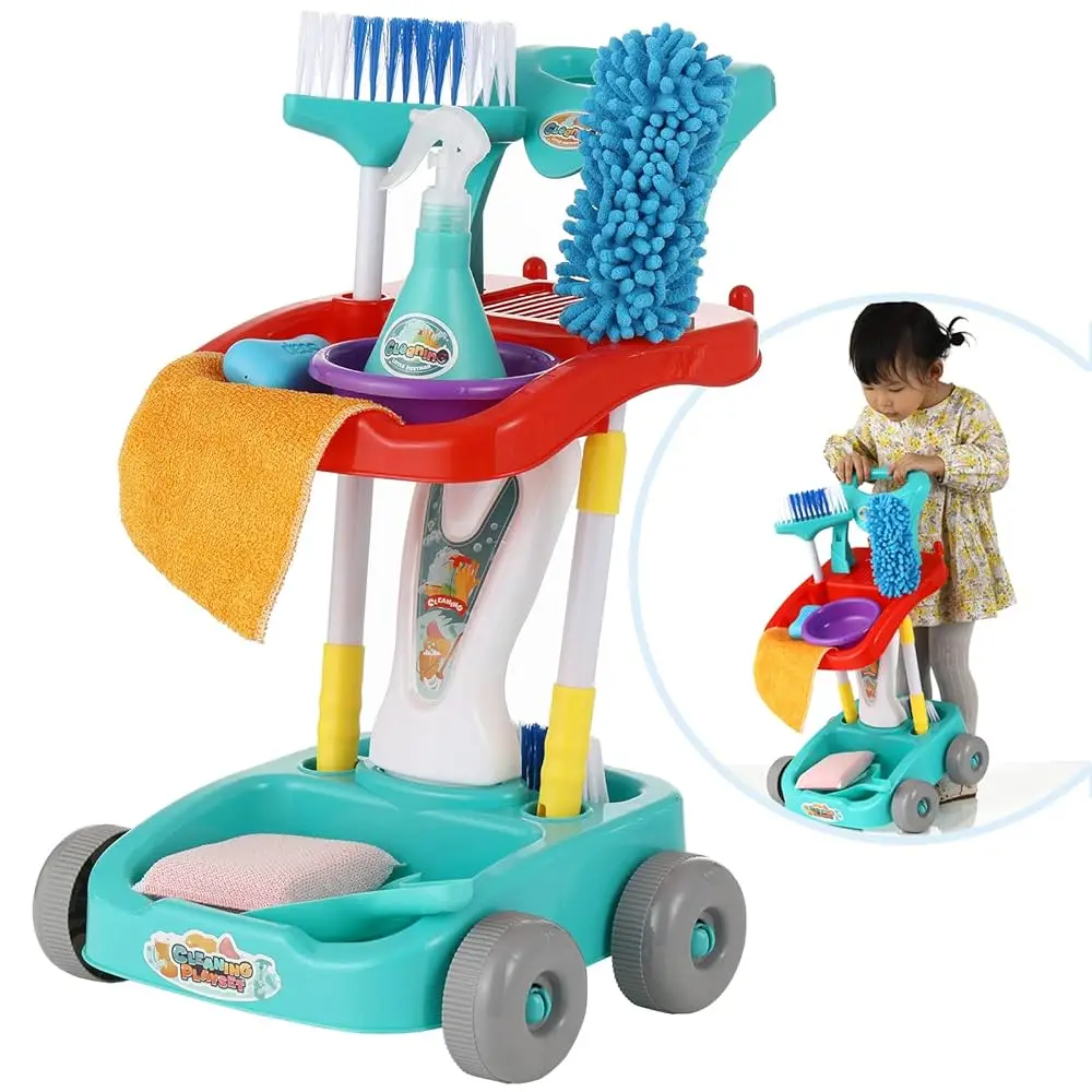 어린이 청소 세트 유아 청소 장난감 세트 역할 놀이 가사 교육용 장난감 청소 카트 빗자루 쓰레받기 걸레 포함