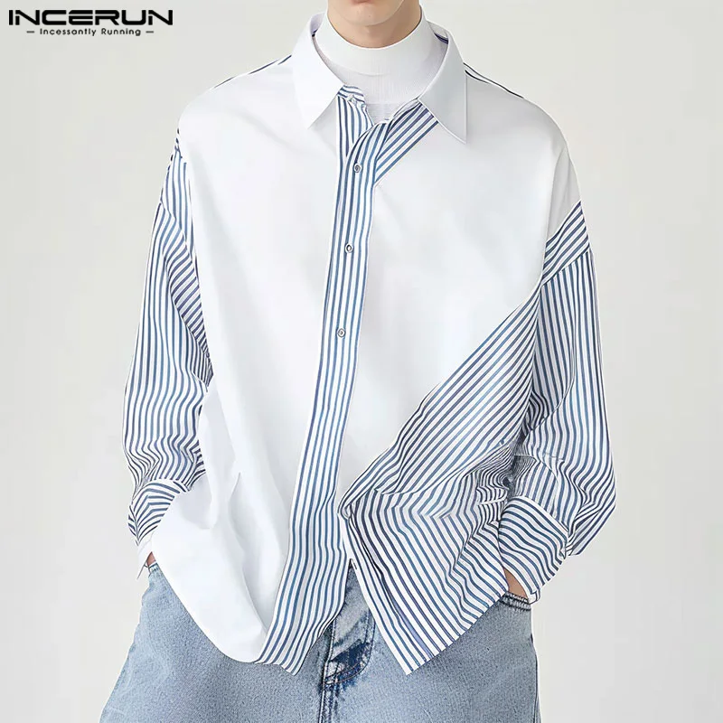 INCERUN Tops  2024 Korean Style New Men\'s Irregular Striped Design Blouse Casual Simple All-match Long Sleeved Lapel Shirt S-5XL