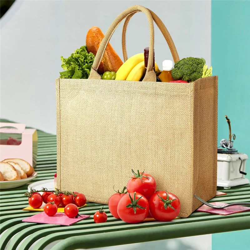 ABQR Burlap Tote Bags Reusable Cotton Shopping Grocery Bag with Handles, Laminated Interior, Bridesmaid Tote Bags