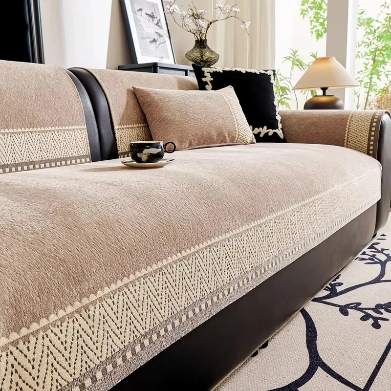 Elegant Non Slip Chenille Couch Cover, Modern High-end Minimalist Design, Soft Fabric Sofa Mat for Home Decor
