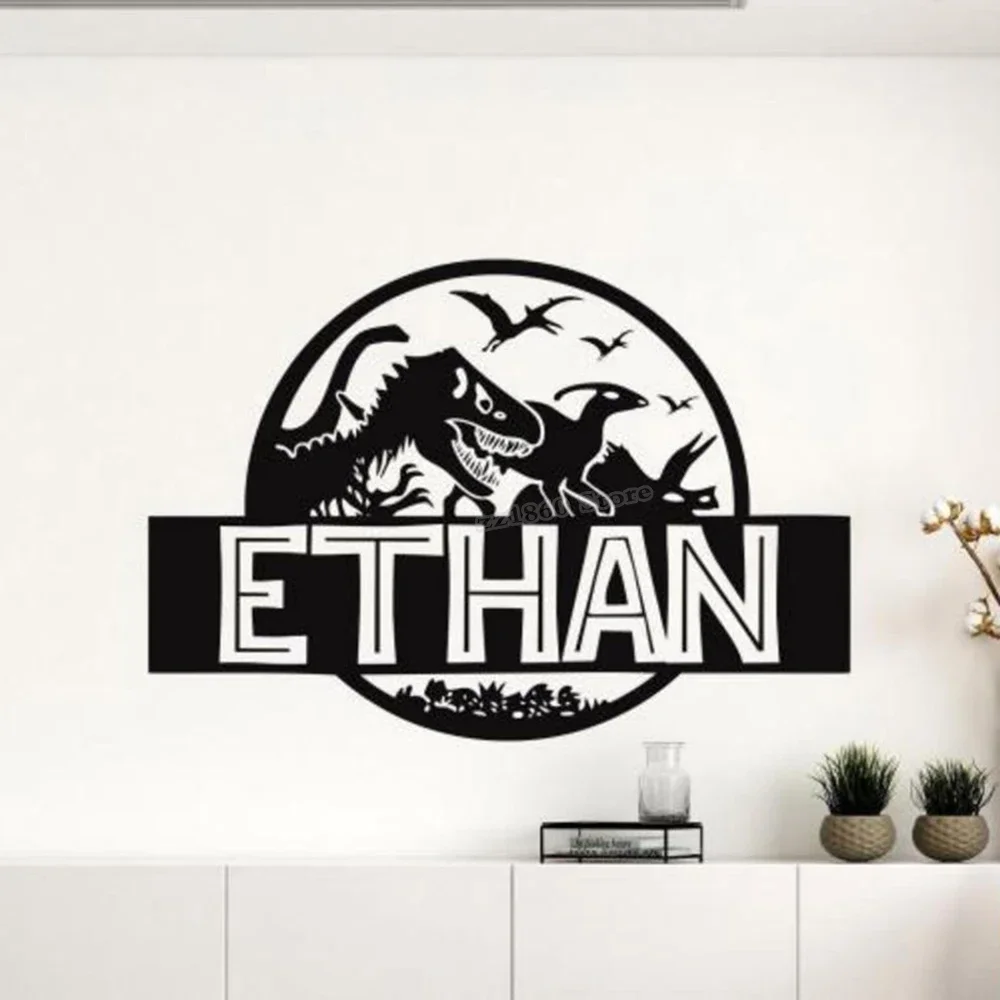 Personalized Name Jurassic Park Wall Decal Vinyl Sticker Custom Name Jurassic World Wall Sticker Dinosaur Kids Room Decor A048